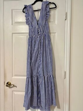 Blue and White Striped Ruffle Strap Maxi Dress